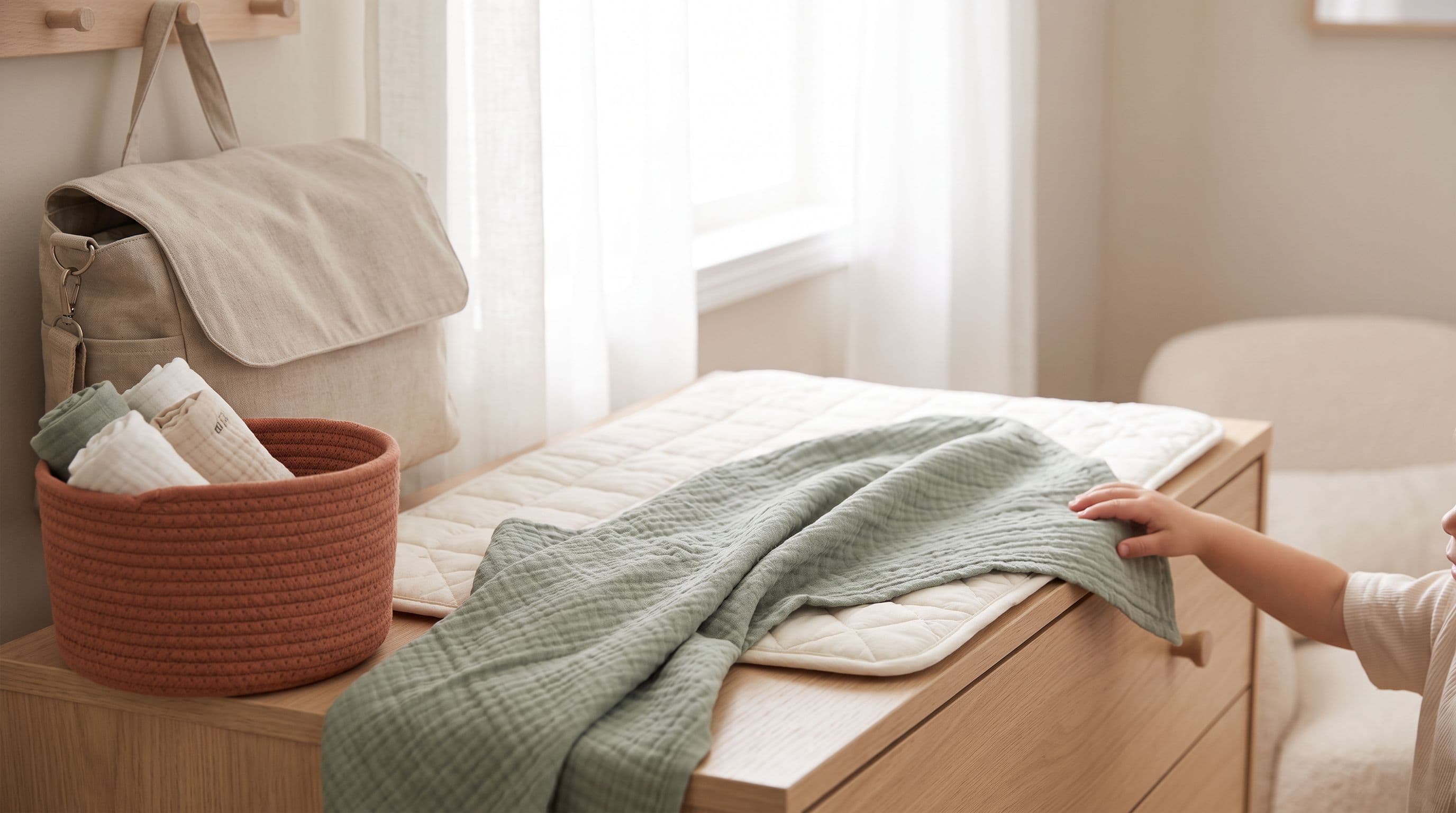 Une maman porte un sac à langer Langer Mon Bébé dans la chambre de son enfant